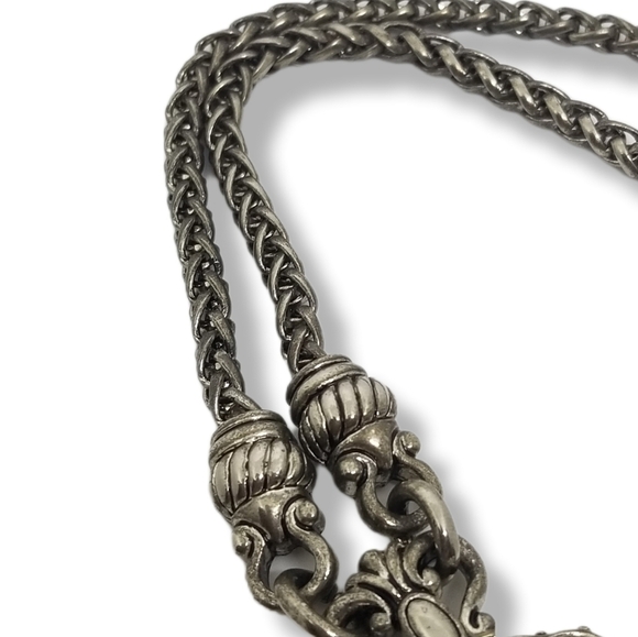 VINTAGE ORNATE SILVERTONE TIGERS EYE PENDANT & WHEAT CHAIN STATEMENT NECKLACE - Picture 7 of 8